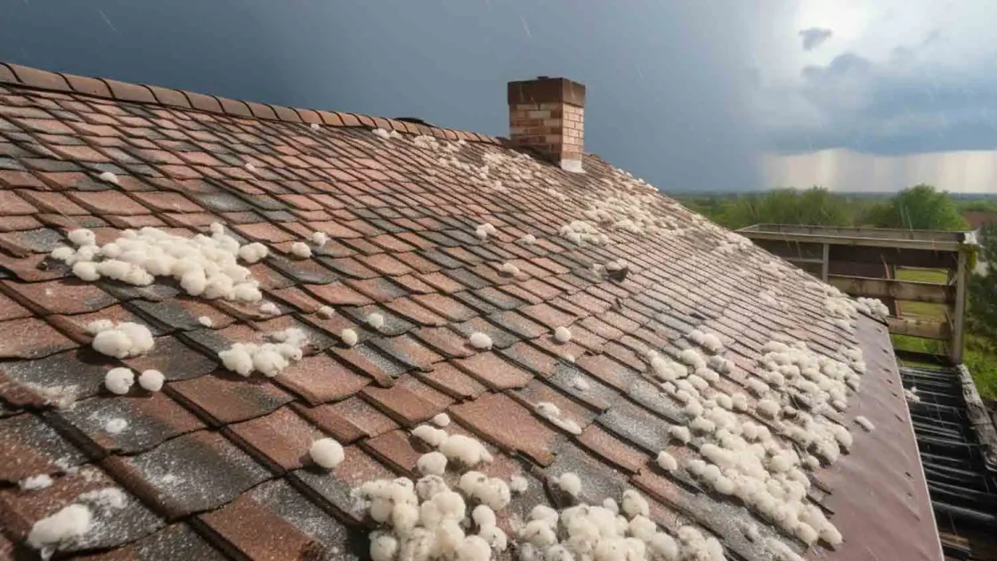 Hailstones collected in a hand near a roof